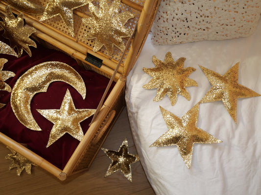 Étoile murale à 5 branches en tissu pailleté – faite main – Coloris Or / Rose