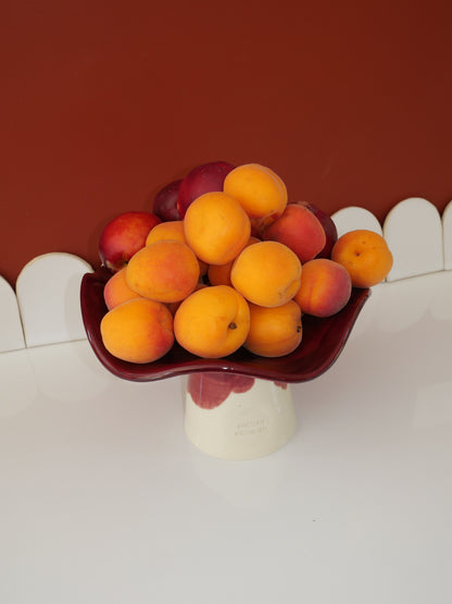 La Coupe est pleine – coupe de fruits sur pied émaillée blanc & bordeaux brillant - version S