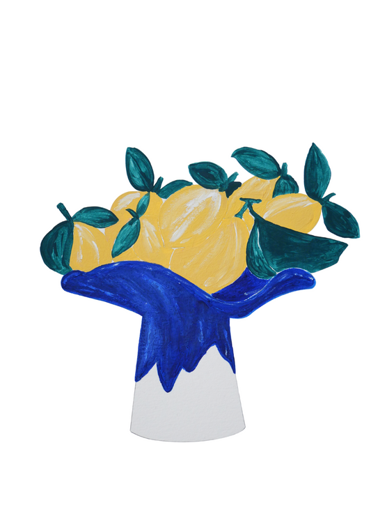 La Coupe est pleine – coupe de fruits sur pied émaillée blanc & bleu profond brillant - version S