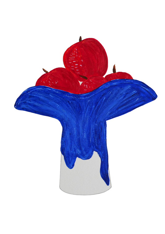 La Coupe est pleine – coupe de fruits sur pied émaillée blanc & bleu profond brillant- version M