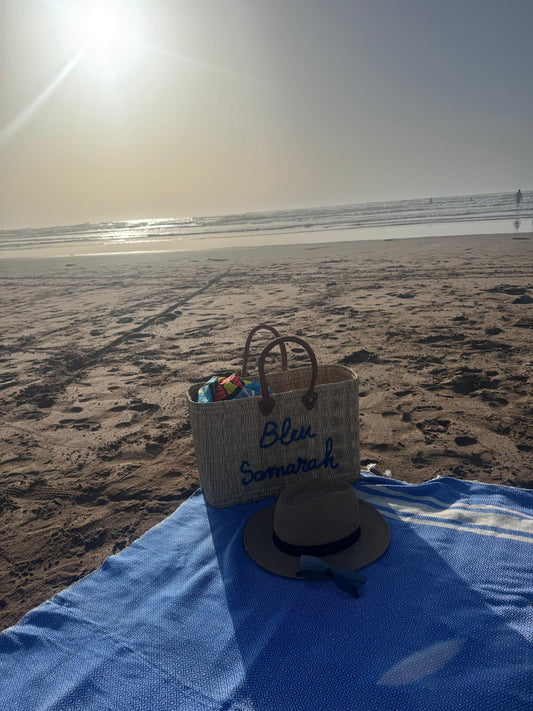 Sac en osier Bleu Samarah | Cabas de plage rectangulaire